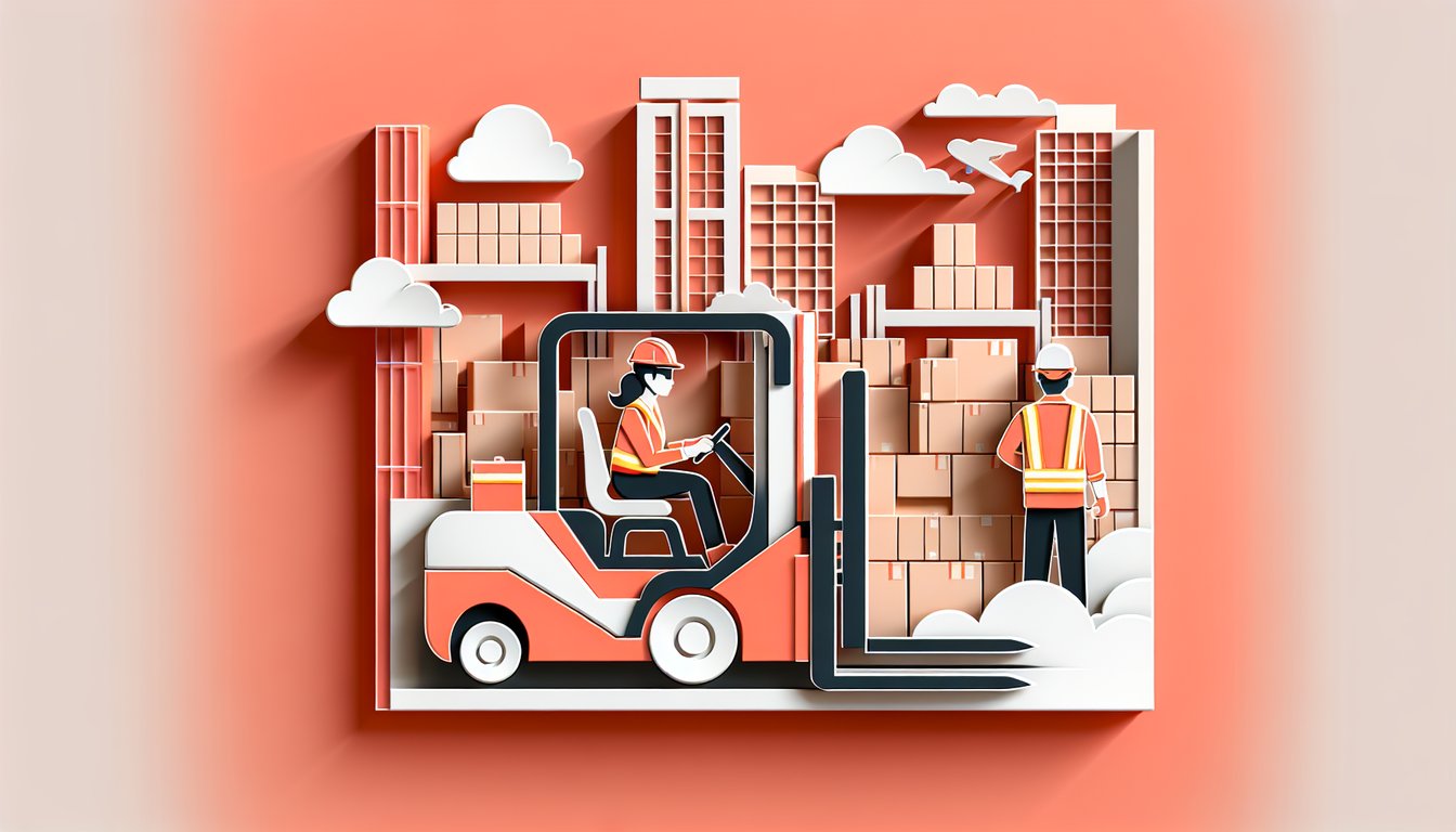 Paper art style forklift on coral background with safety quiz elements inspections, fulcrum points, true or false