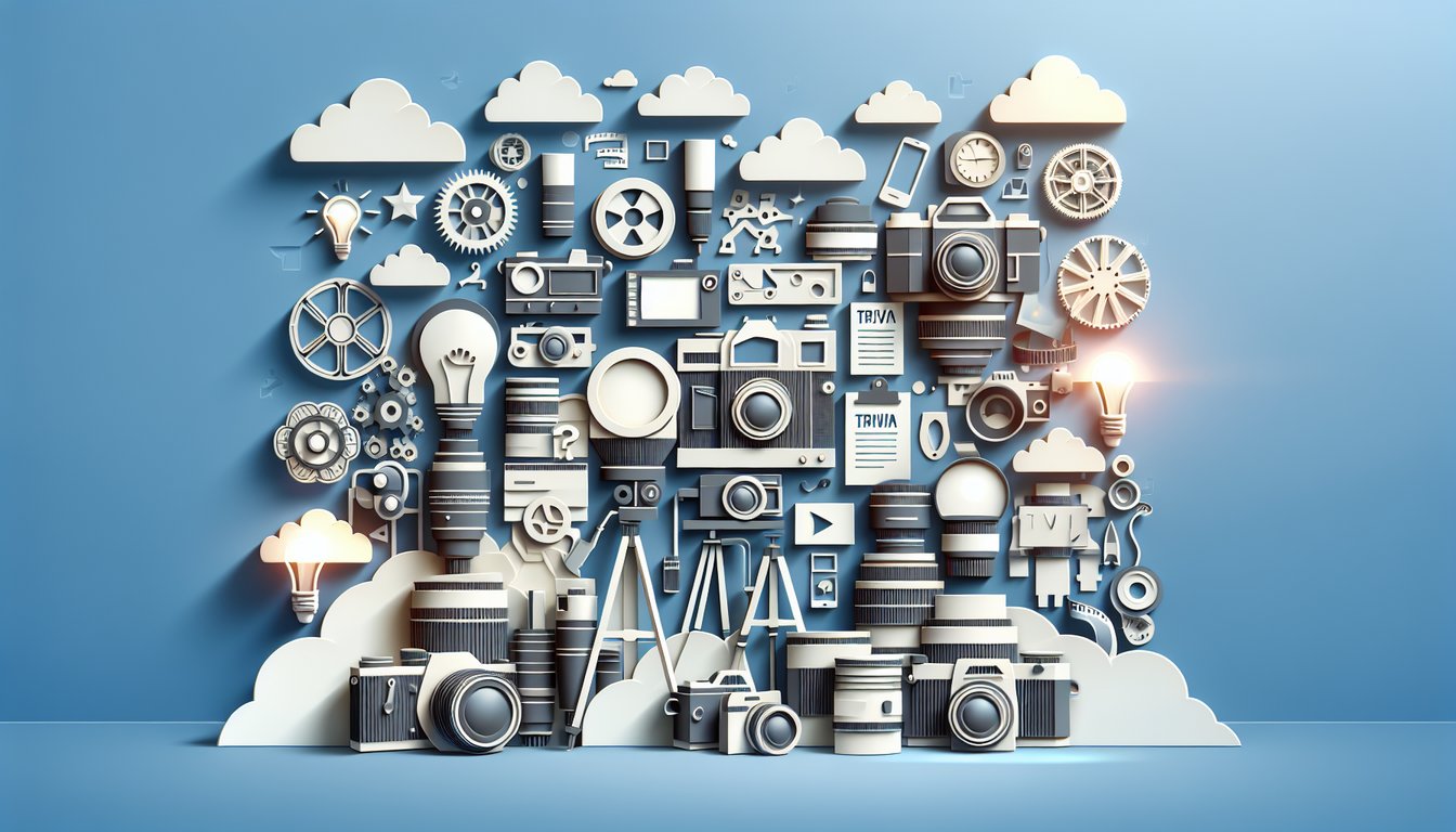 Paper art illustration for photography trivia quiz on a sky blue background