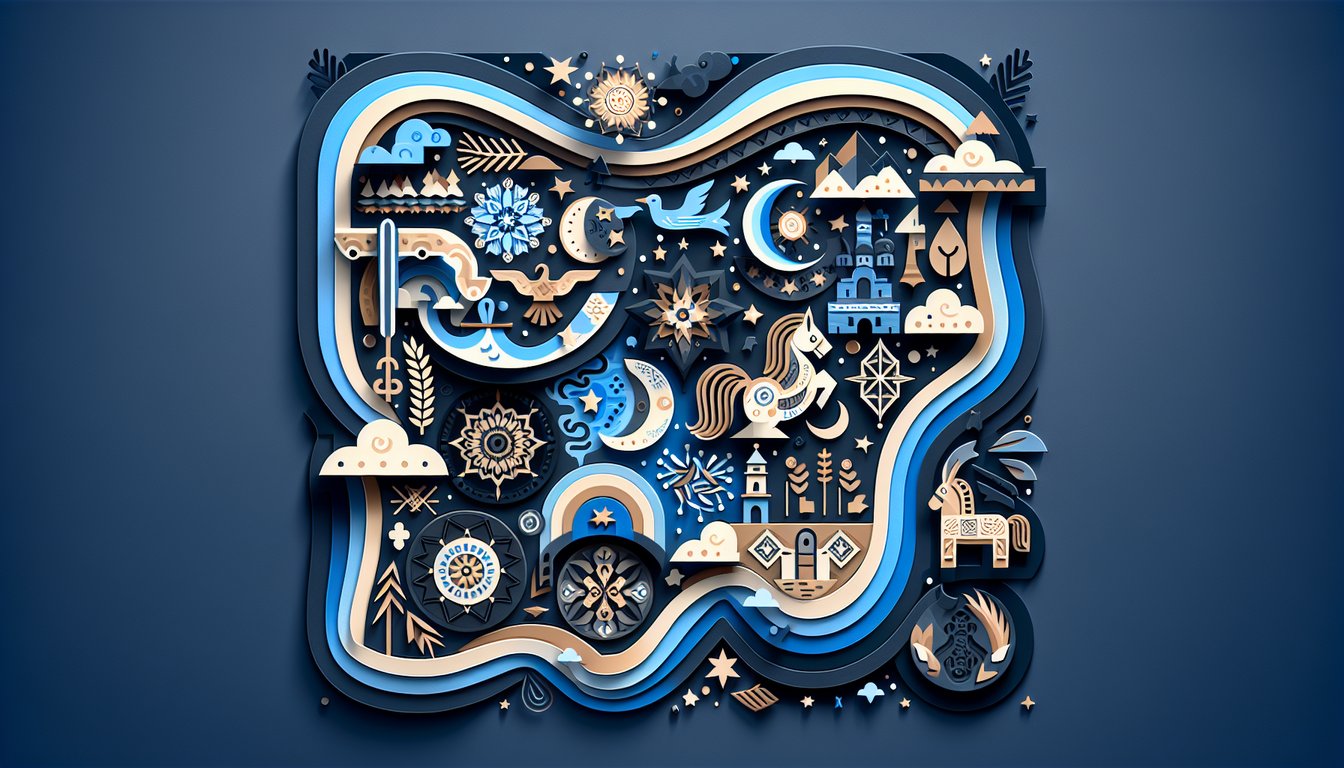 Paper art illustration for I Am Slavic personality quiz on dark blue background.