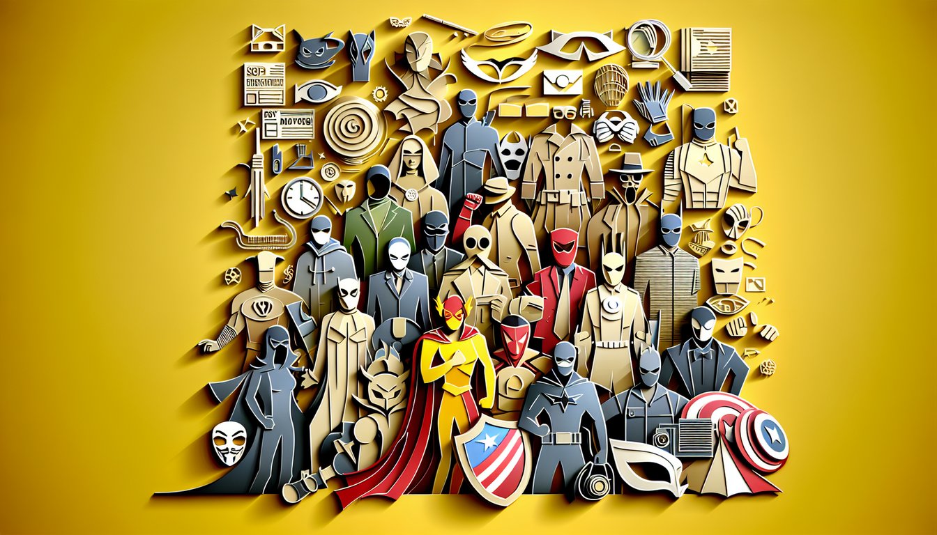 Paper art illustration of comic panels and hero emblems on golden yellow background for Marvel DC trivia quiz.