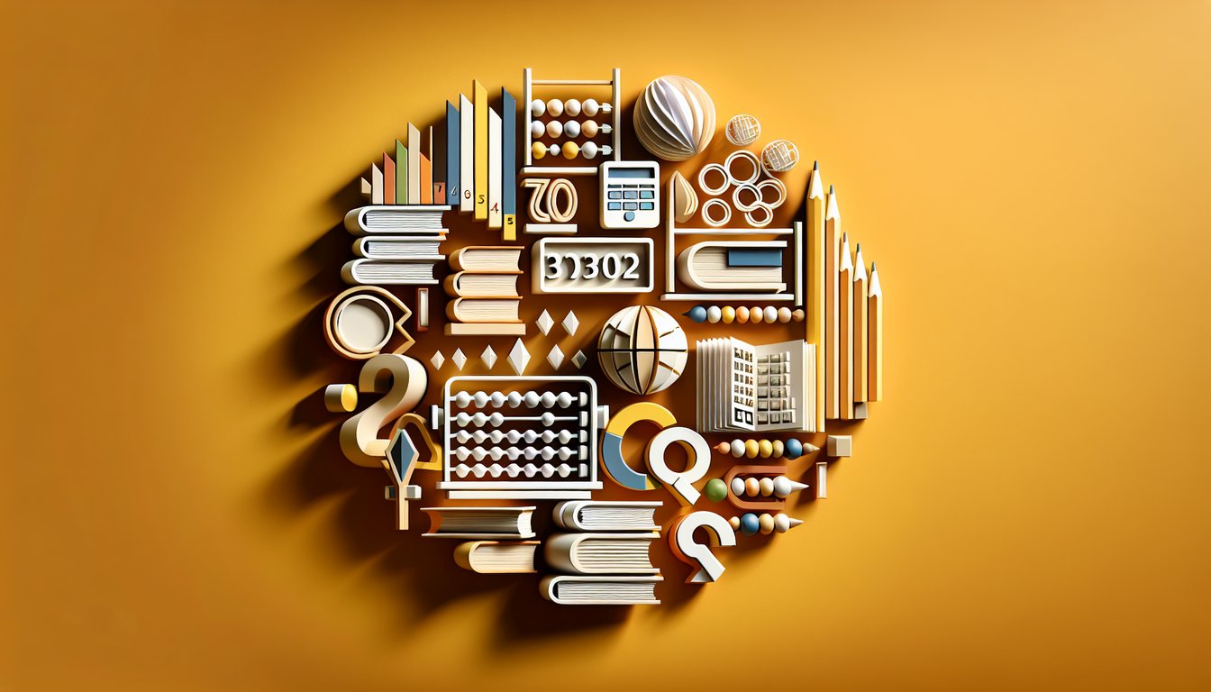 paper art style school supplies math symbols and numbers on golden yellow background promoting grade level quiz at age ten