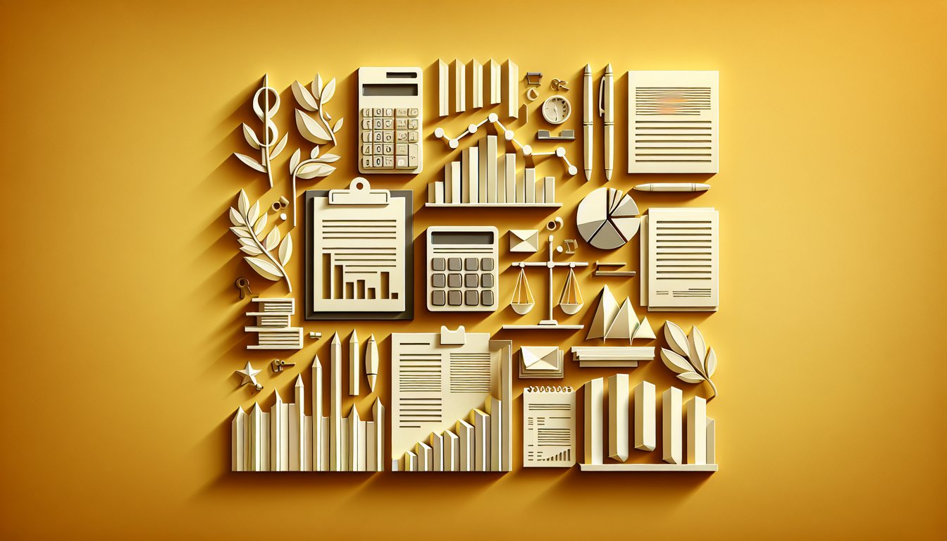 Paper art quiz with charts pencil and calculator representing MAS advisory accounting basics on golden yellow background
