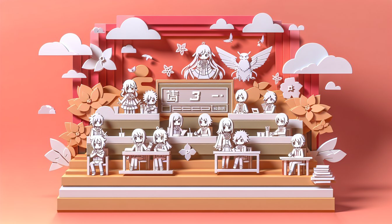 paper art illustration for Japanese anime trivia quiz on coral background with manga style silhouettes and icons.