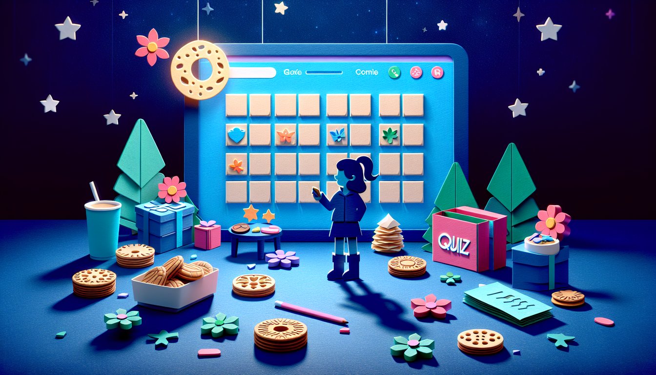 Colorful paper art promoting a Girl Scout Cookie Trivia Quiz