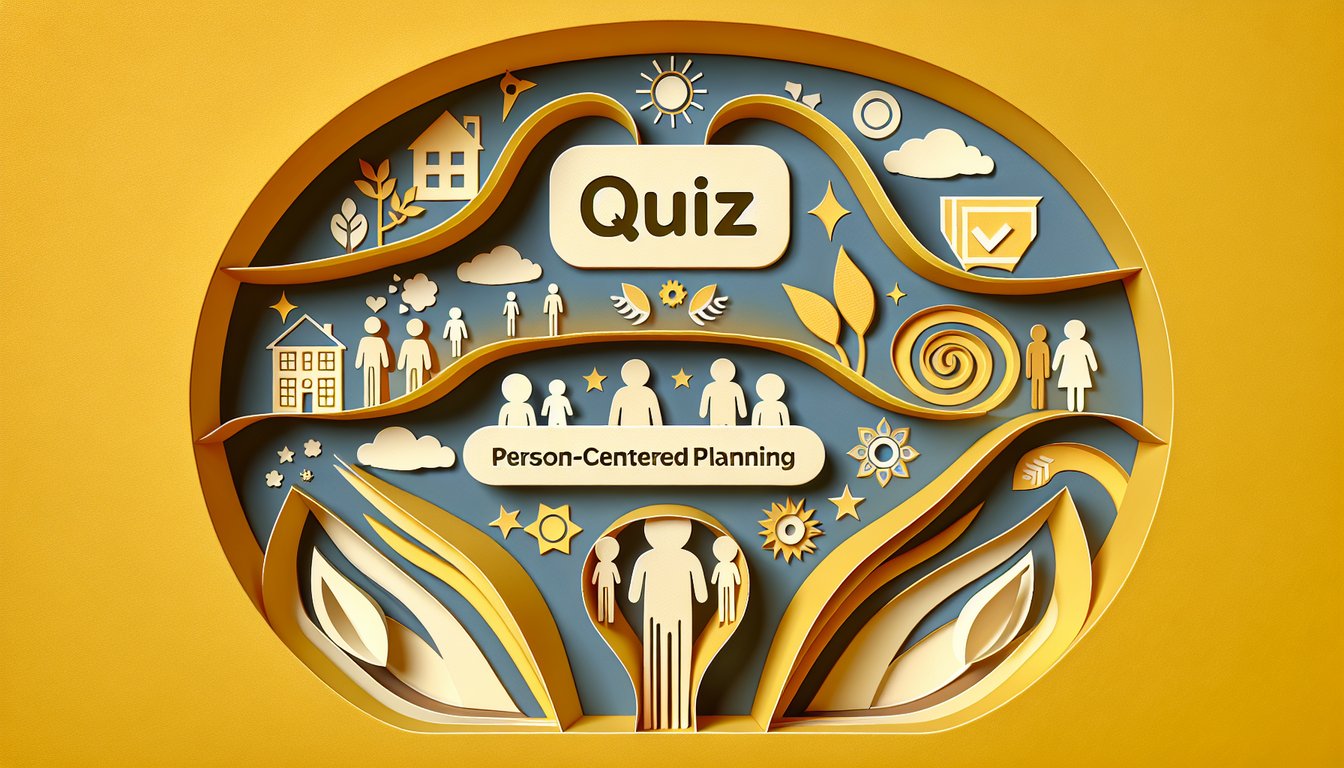 Paper art for person centered planning quiz showing layered figures linked by arrows and dots on golden yellow background