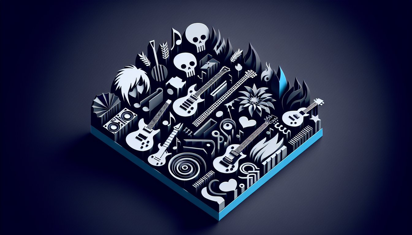 Paper art illustration on dark blue background featuring stylized symbols of emo punk rock goth and prep music genres