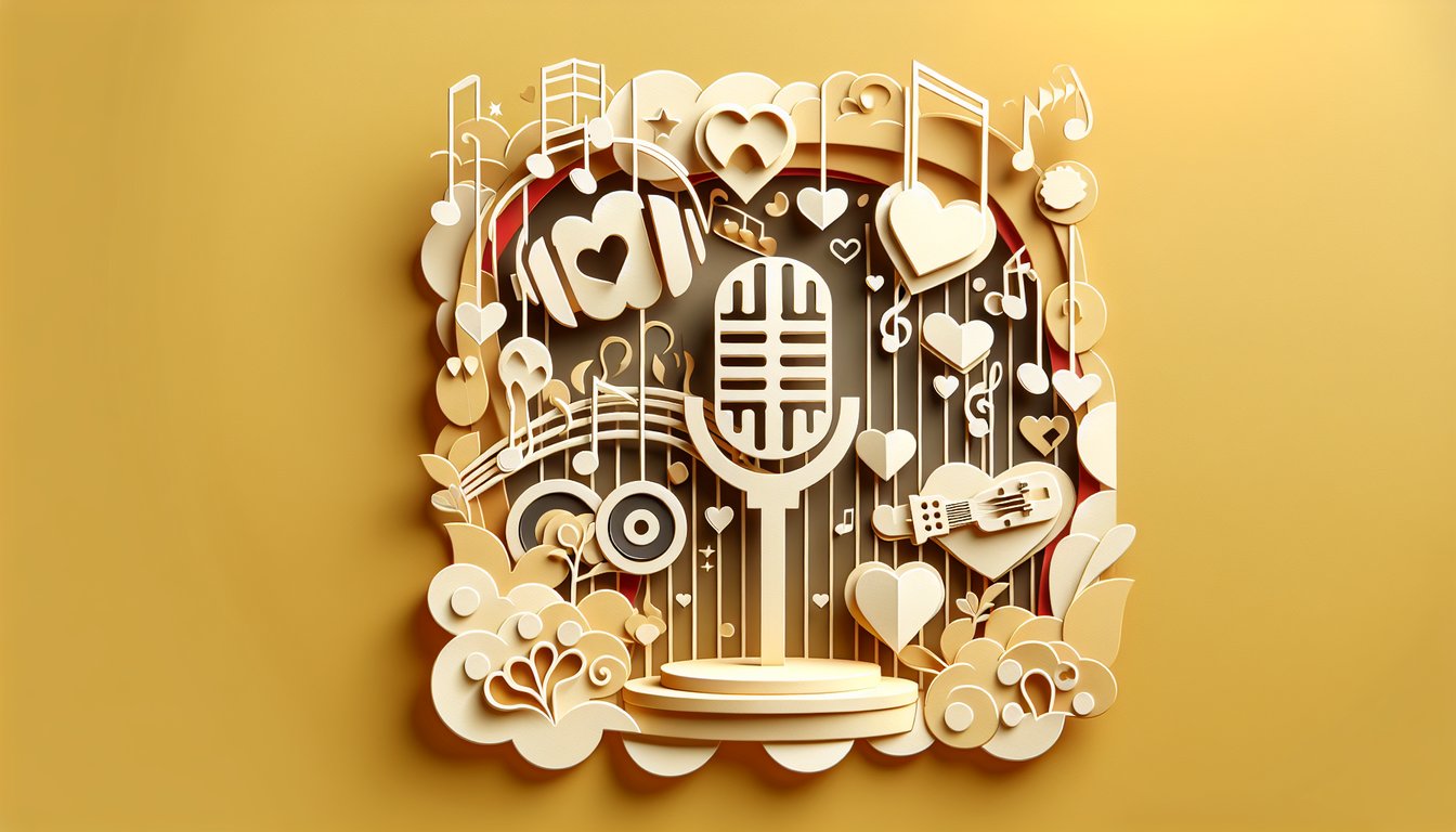 Paper art illustration with hearts musical notes love song quiz theme on golden yellow background