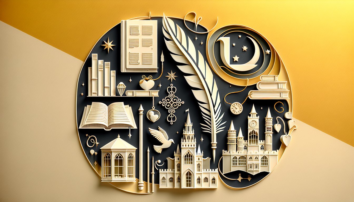 paper art hearts quill pen book skyline ghost silhouettes on golden yellow background for romance subgenre quiz