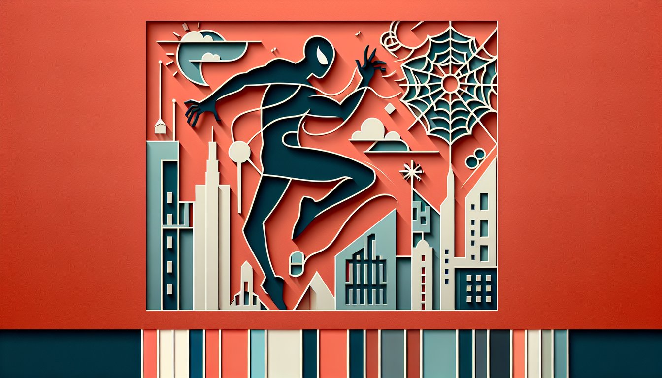 Paper art illustration for Spider-Man quiz on coral background with spider web and text inviting fans to test knowledge