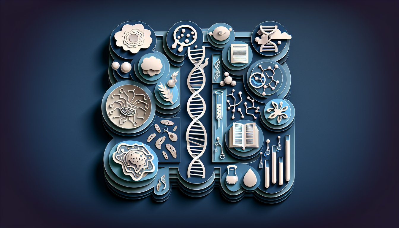 Paper art illustration featuring Grade 11 biology quiz theme with DNA helix neuron icons on dark blue background