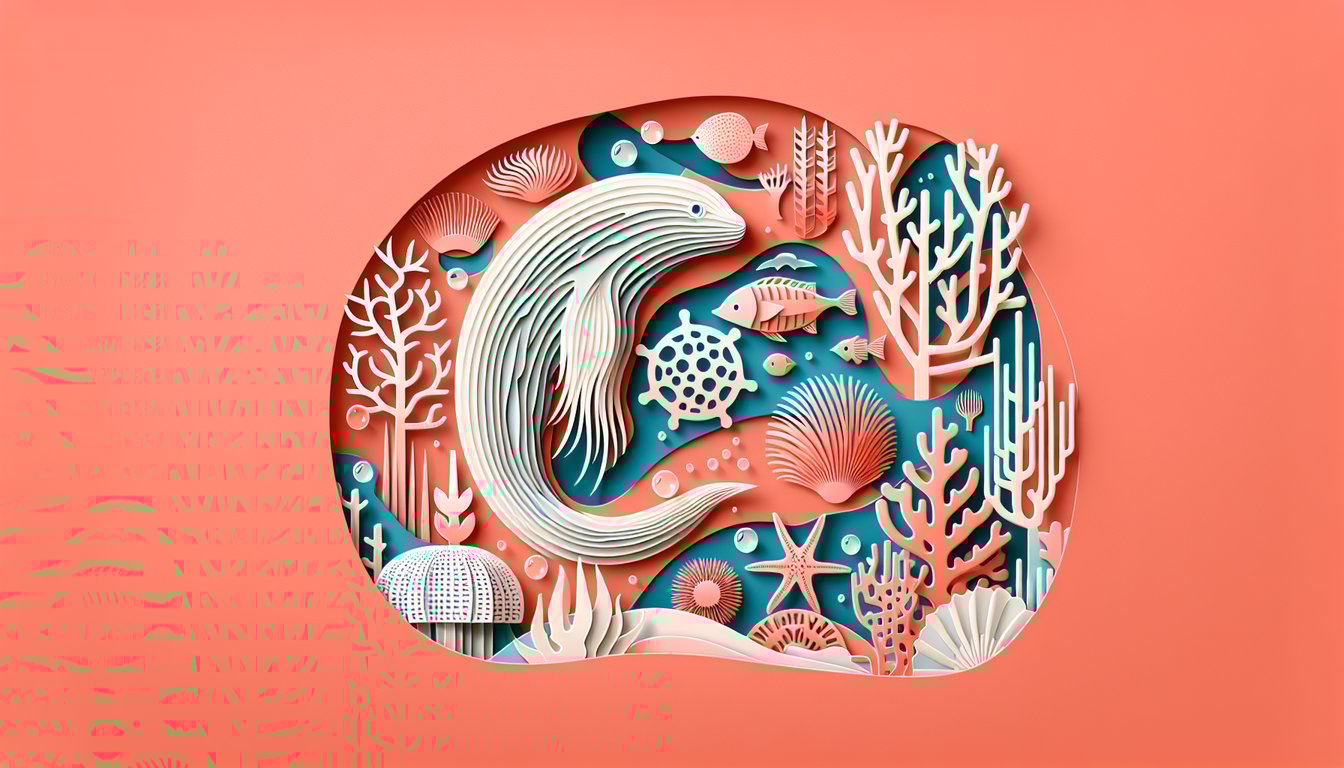 Paper art fish, bird, frog, turtle and mammal cutouts on coral background representing chordate groups