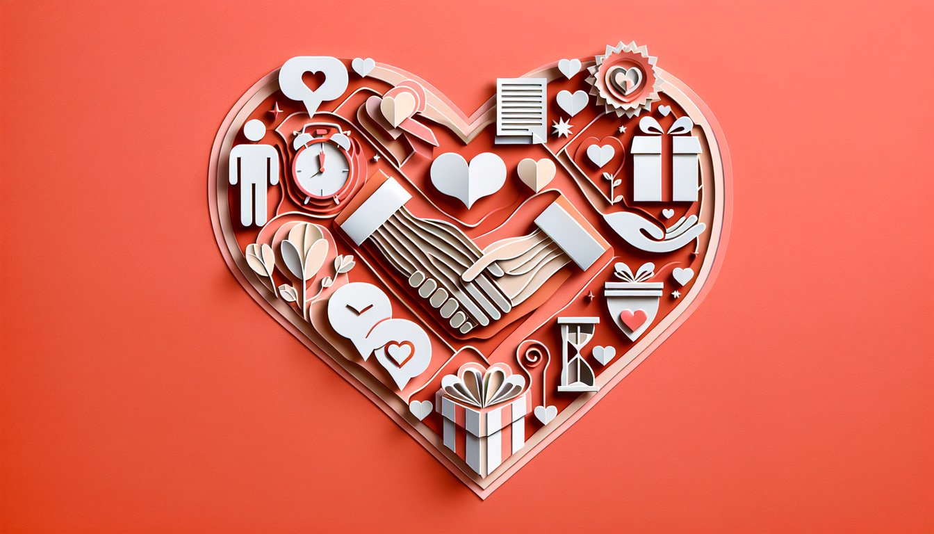 Paper art hearts envelopes and chat bubbles on coral background for a quiz uncovering your love and affection style