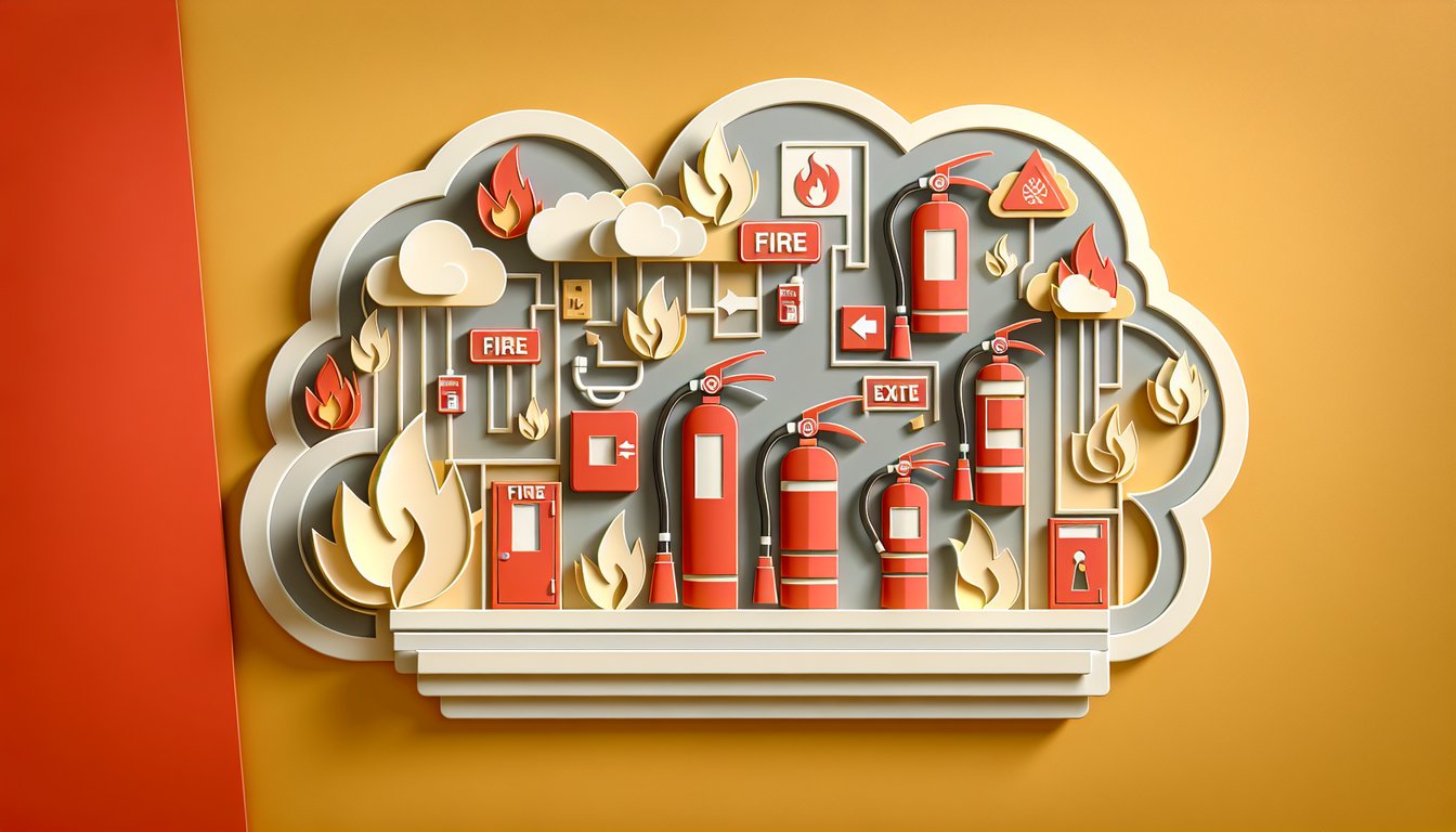 paper art promoting fire code philippines quiz PD 1185 book fire extinguisher and timer icons on golden yellow background
