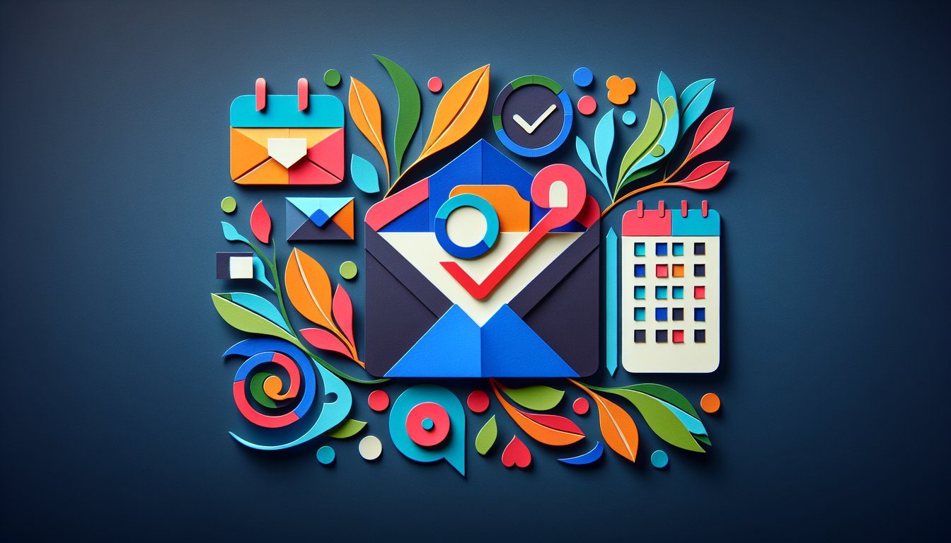 Colorful paper art depicting elements of email and calendar management for a quiz