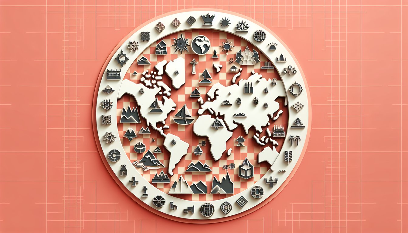 Paper art illustration for Civ5 best leader quiz on a coral background