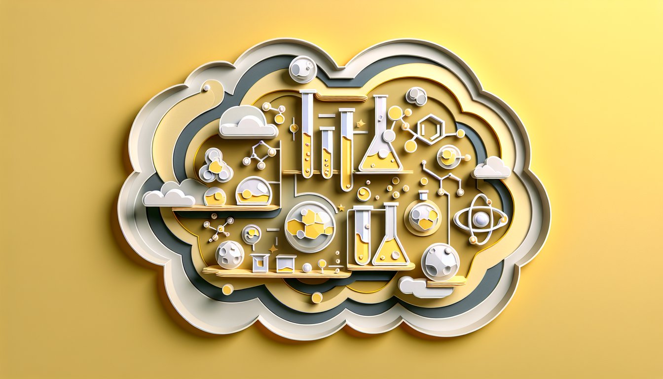 Paper art illustration with test tubes molecules golden yellow background for saturated vs unsaturated chemistry quiz