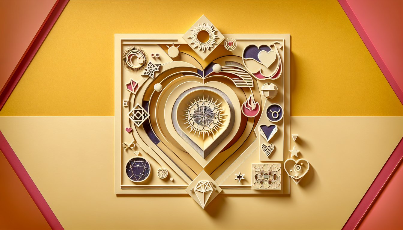 Paper art illustration for personality compatibility quiz on golden yellow background
