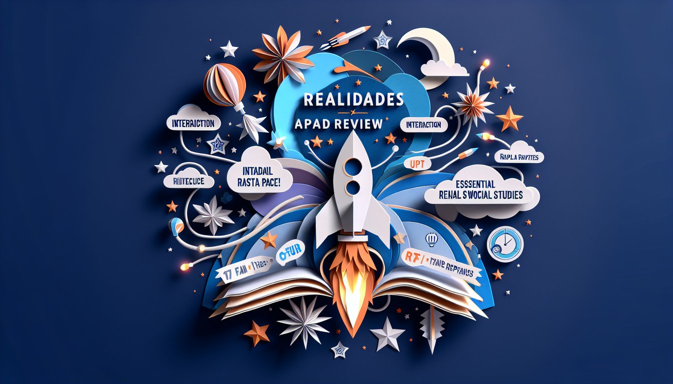 Colorful paper art promoting Realidades Rapid Review trivia for high school social studies exam prep