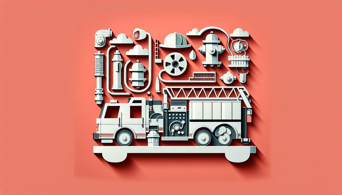 Paper art collage of water pump fire helmet exam sheet pencil on coral background for pumper driver quiz