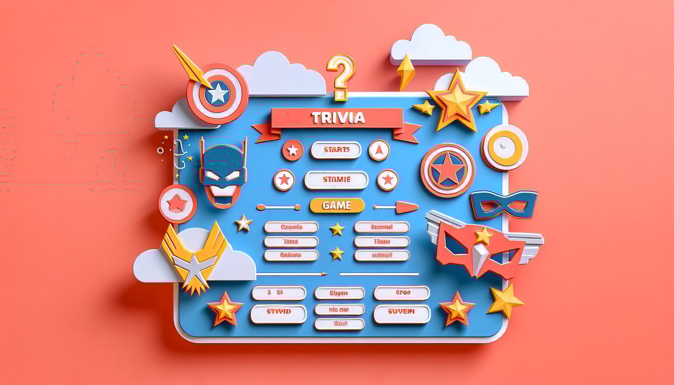 Paper art illustration for Avengers quiz with epic movie trivia questions on a coral background
