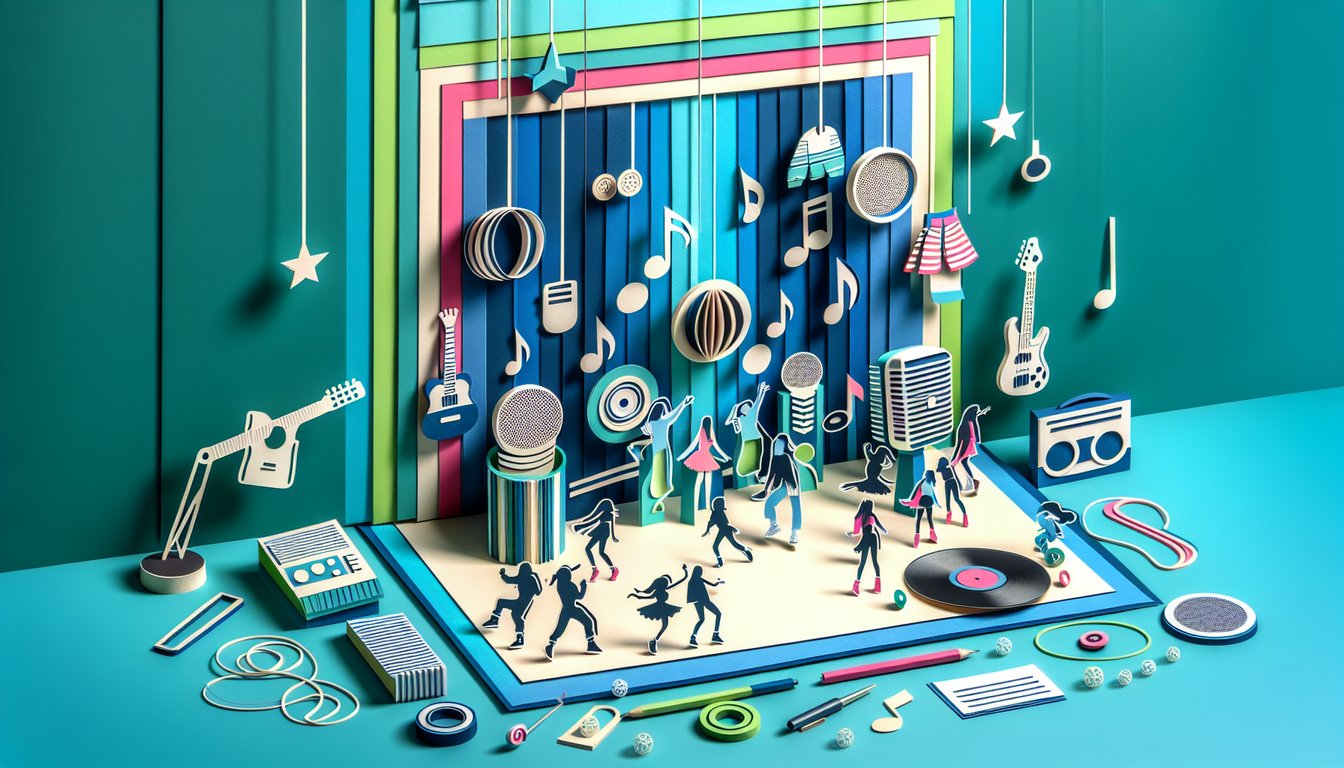 Colorful paper art collage for NCT style match quiz with cutout silhouettes, turntable, neon accents on teal background
