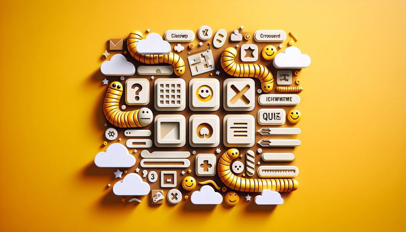 paper art illustration depicting fun online quiz elements laptop tablet question marks confetti on golden yellow background
