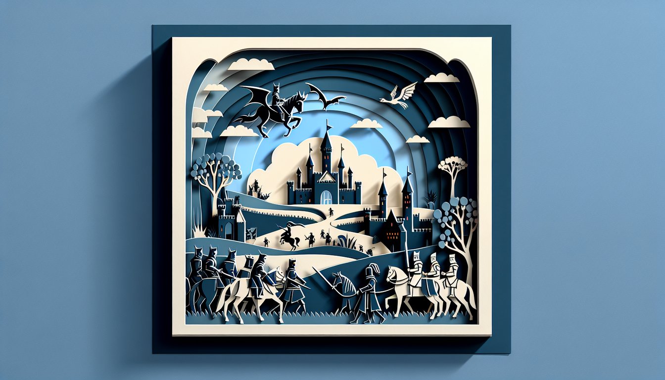 Paper art illustration of medieval knight helmet shield castle towers scroll on dark blue background for trivia quiz