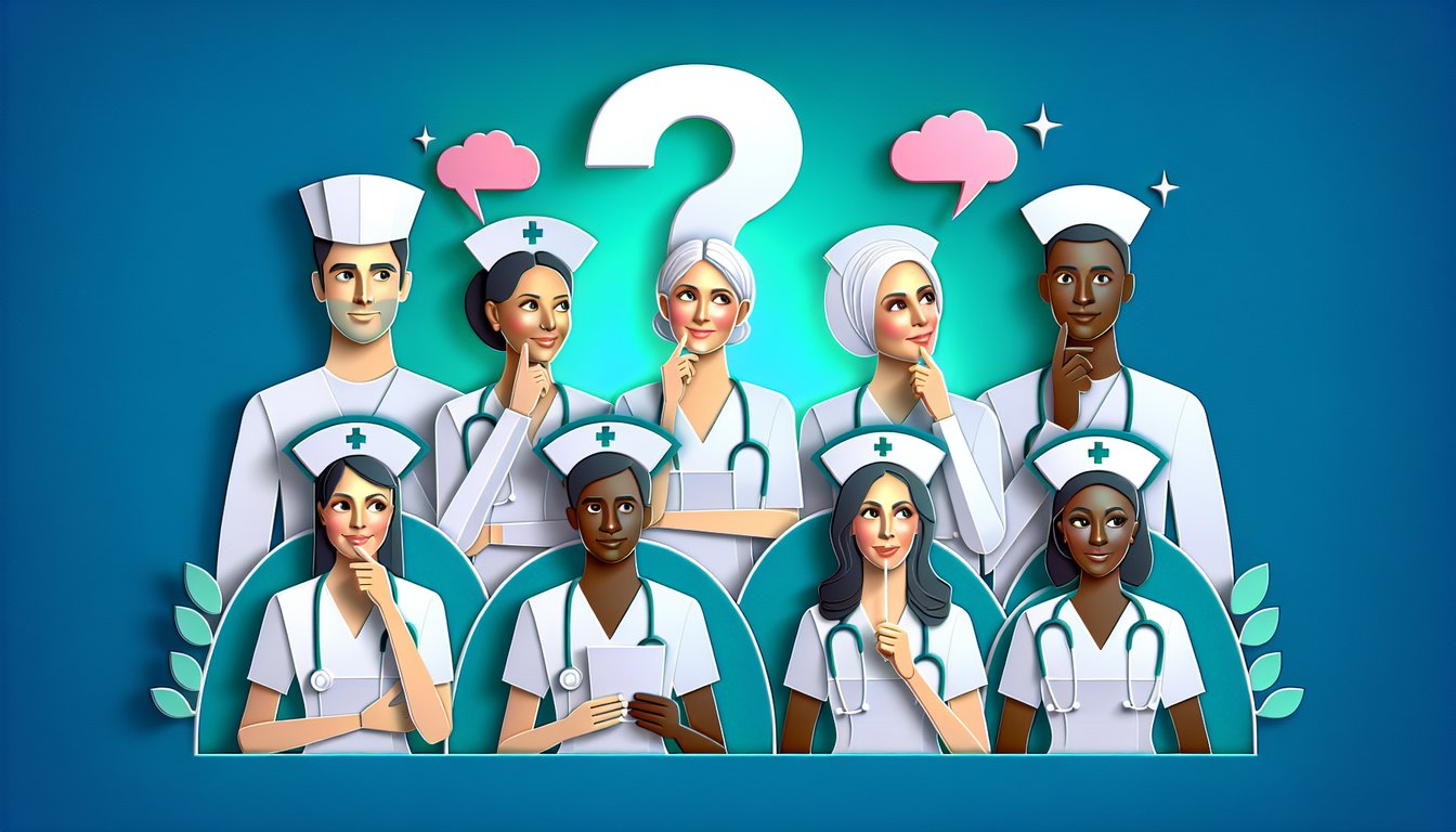 Layered paper art nurse hat, stethoscope, question mark on teal backdrop promoting free nursing trivia quiz challenge