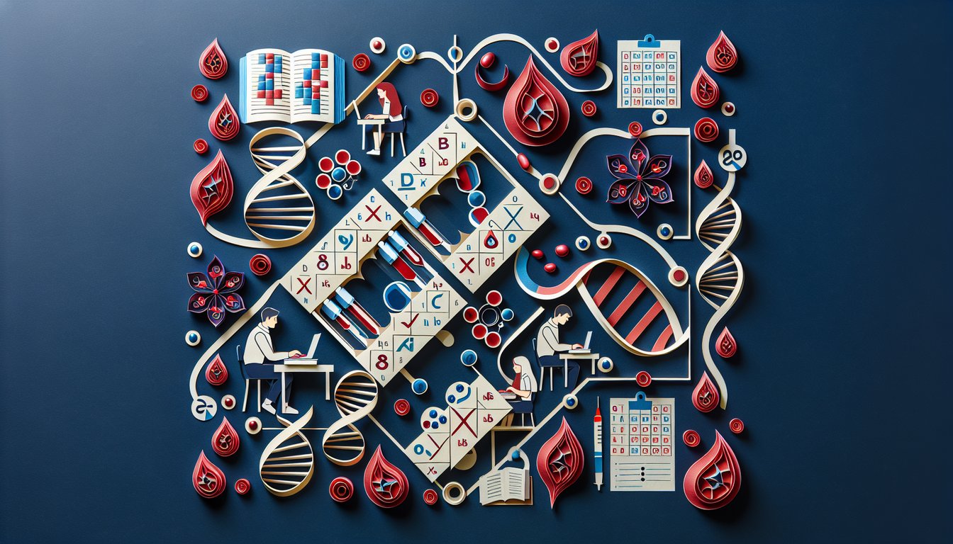 Paper art representing a trivia quiz on blood type genetics for high school biology students.