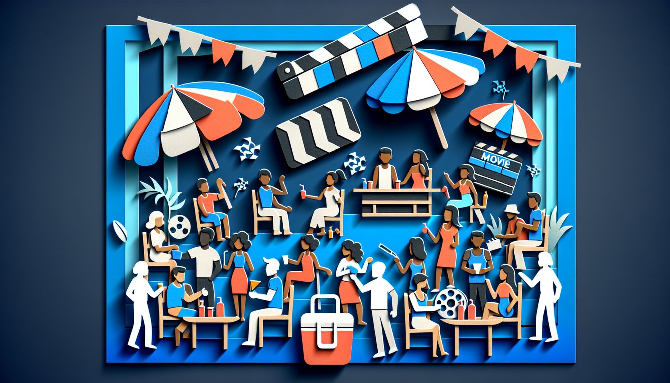 Paper art illustration for box office trivia quiz on dark blue background