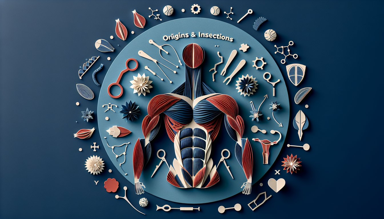 Paper art representing a trivia quiz on muscle origins and insertions for anatomy students.