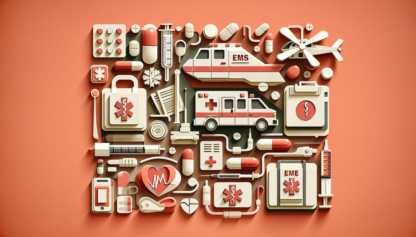 paper art illustration showing stethoscope syringe pill bottle clipboard on coral background promoting paramedic drug quiz