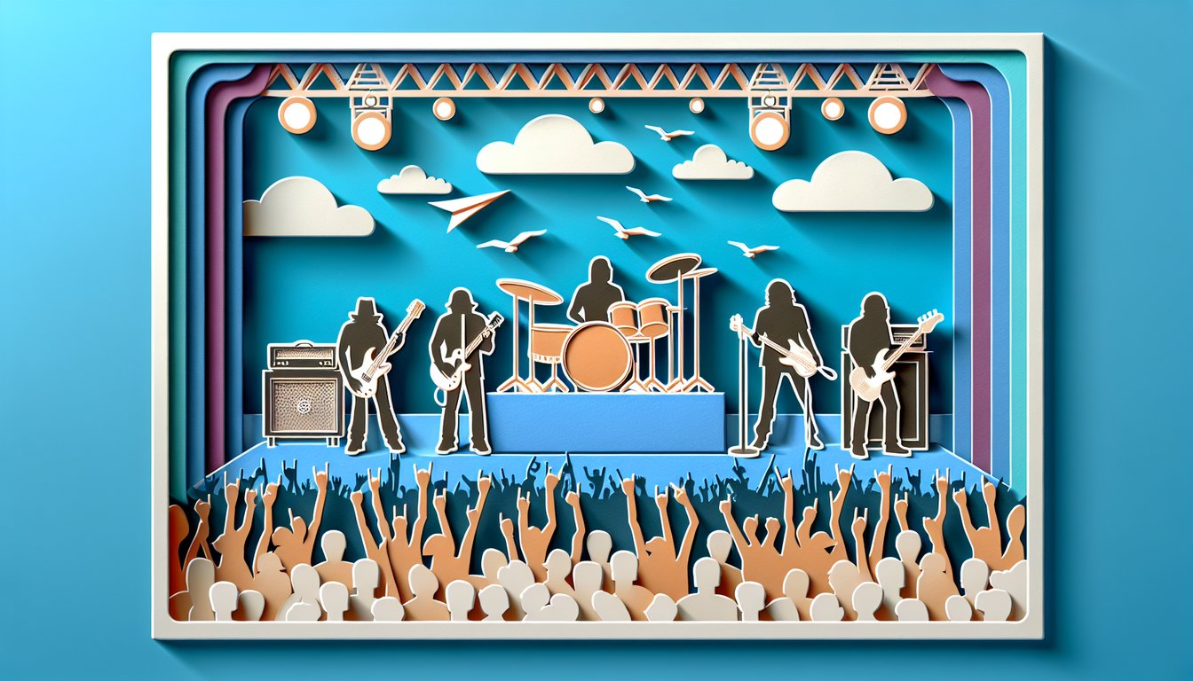 Paper art style electric guitar vinyl record and music notes on sky blue background for Whitesnake rock band quiz