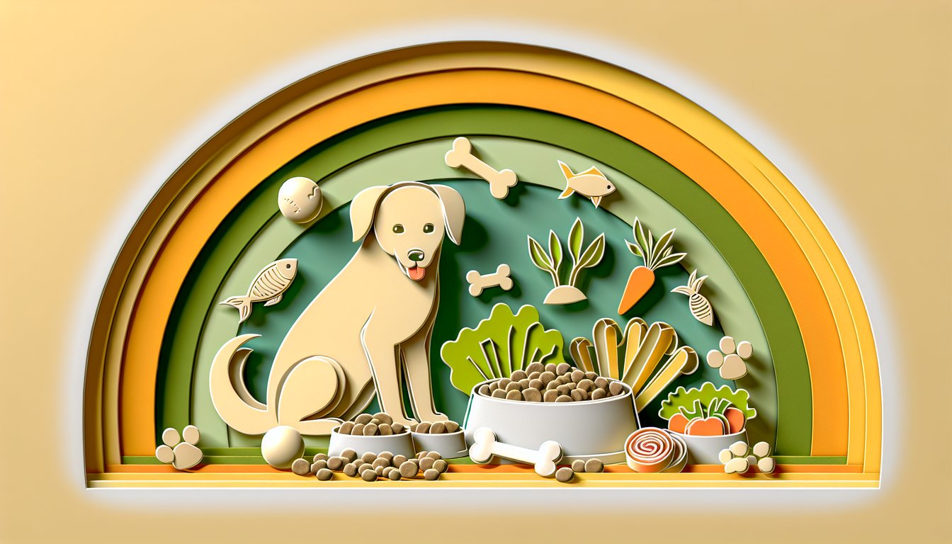 Paper art dog food quiz scene with dog bowls bones kibble leaves on golden yellow background