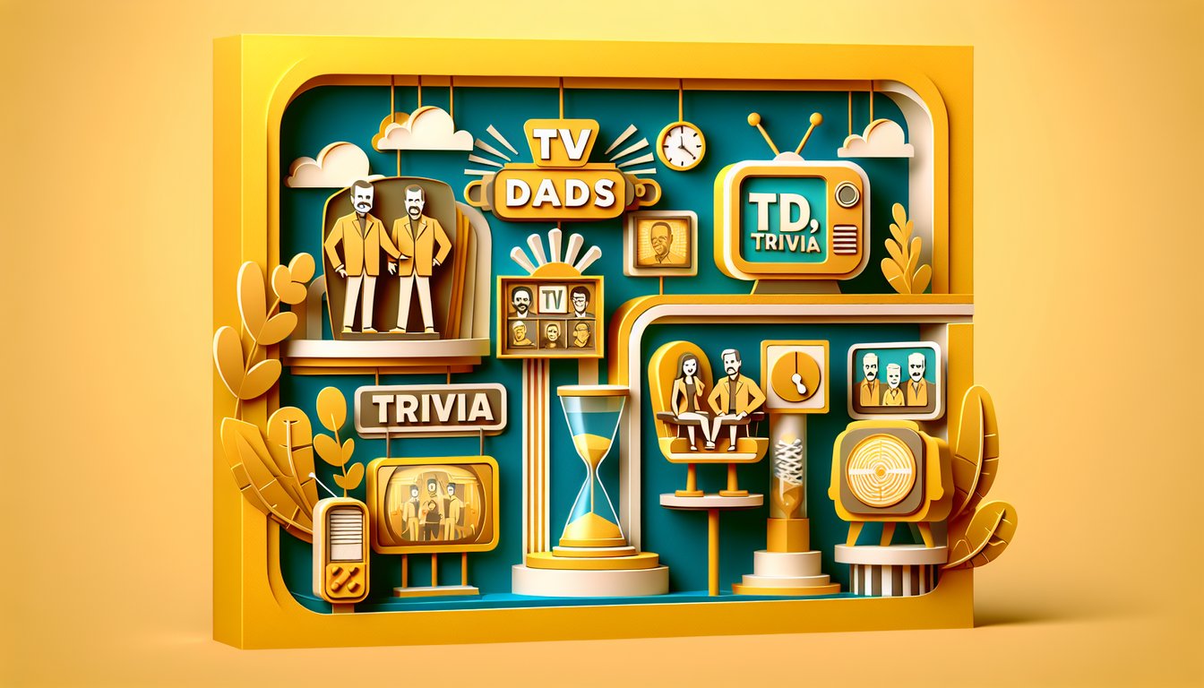 Paper art illustration for TV dads trivia quiz on a golden yellow background