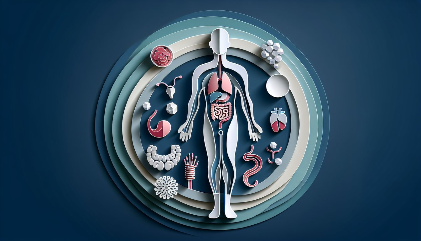 Paper art human silhouette with visible heart lungs and organs in white and orange on dark blue background for anatomy quiz