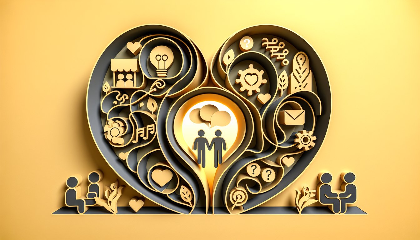 Paper art illustration of two friends taking a quiz sheet decorated with hearts on a golden yellow background.