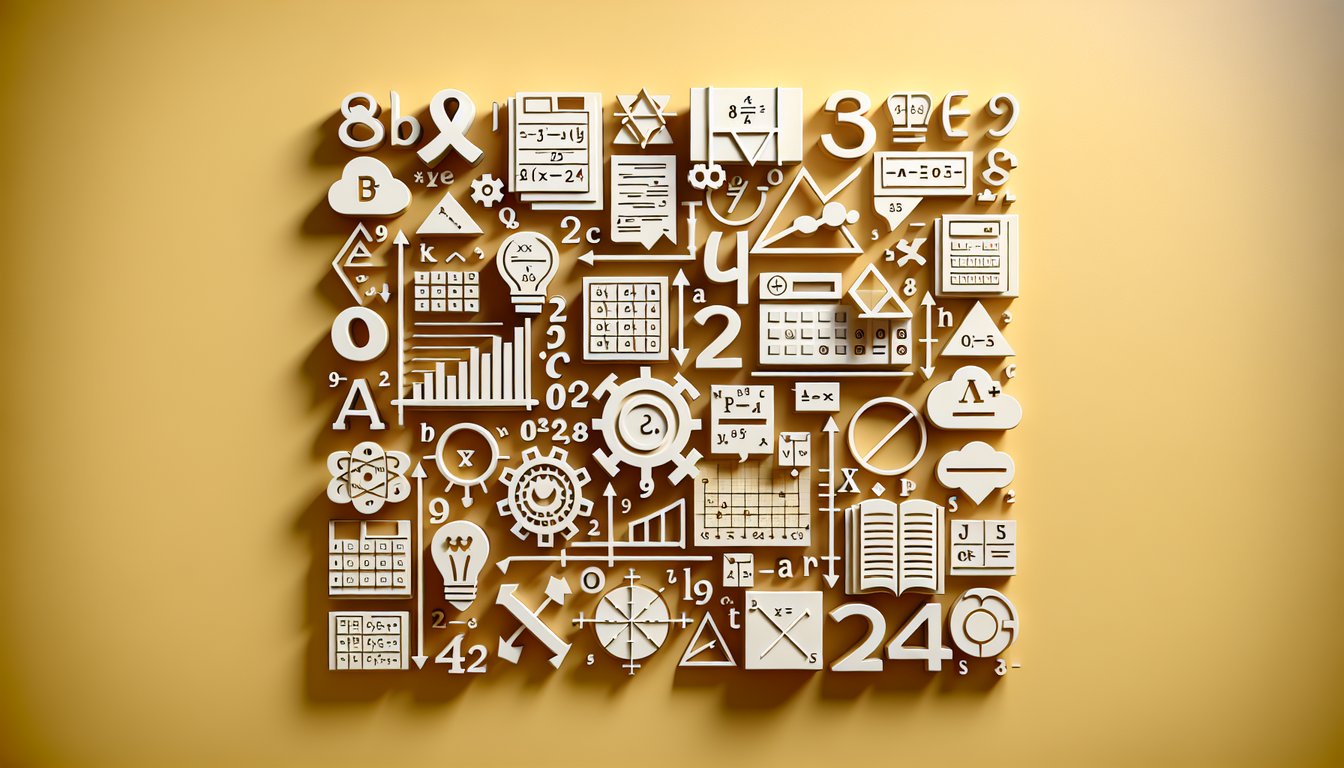 Paper art illustration of math symbols and multiple choice cards for Algebra 2 practice on golden yellow background
