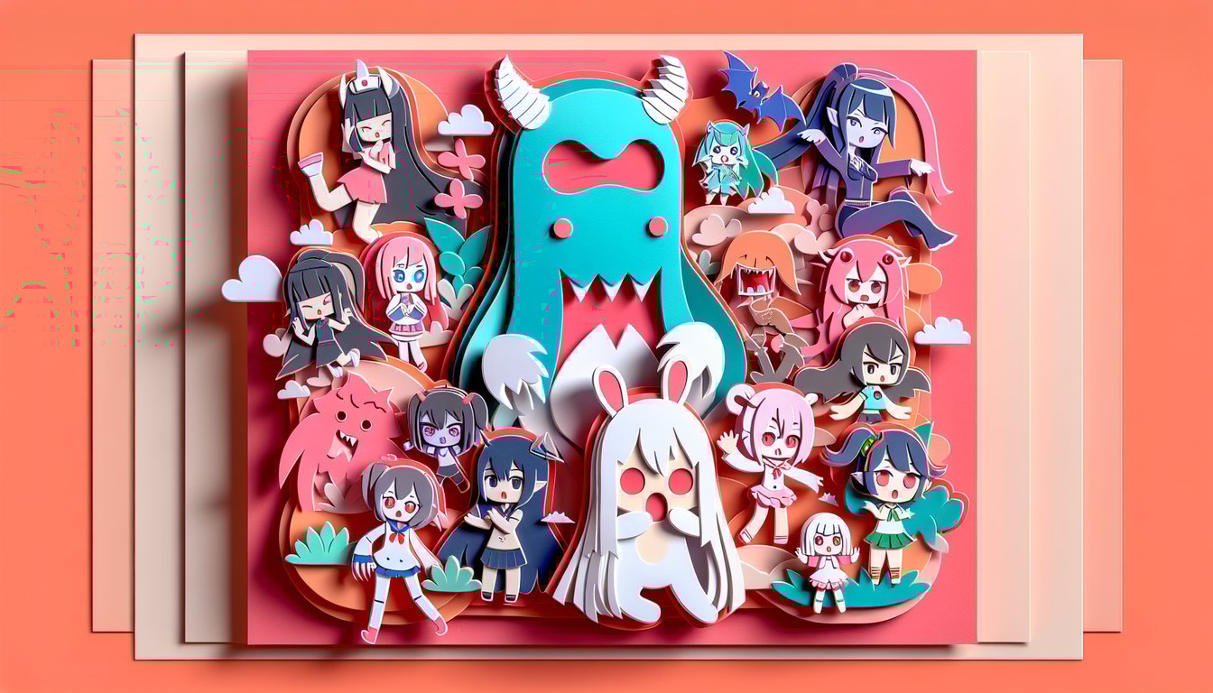 paper art illustration shows monster girl silhouettes and quiz text on coral background prompting ideal date match
