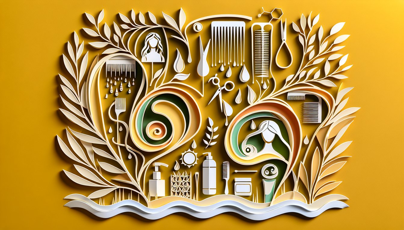 Paper art layered natural hair silhouettes chemical straightener scalp prep tools quiz icons on golden yellow background