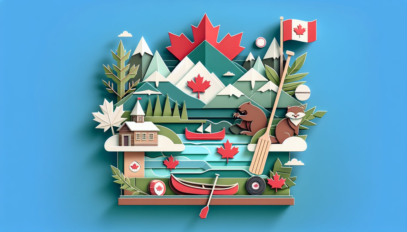 Paper art collage featuring Canadian icons, maple leaf, CN tower, mountains, moose, quiz title on teal background
