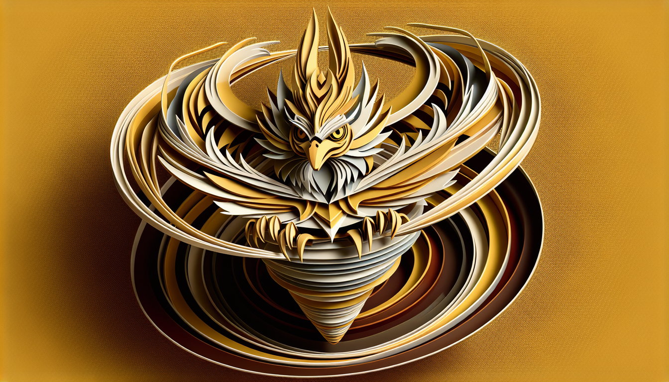 Paper art illustration of fiery phoenix dragon Dranzer Bit Beast on golden yellow background for a Dranzer quiz challenge