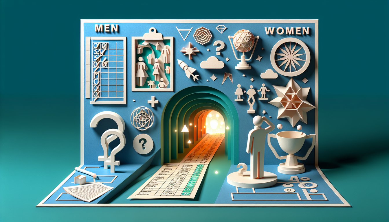 Paper art illustration for mens quiz about understanding women on a teal background.
