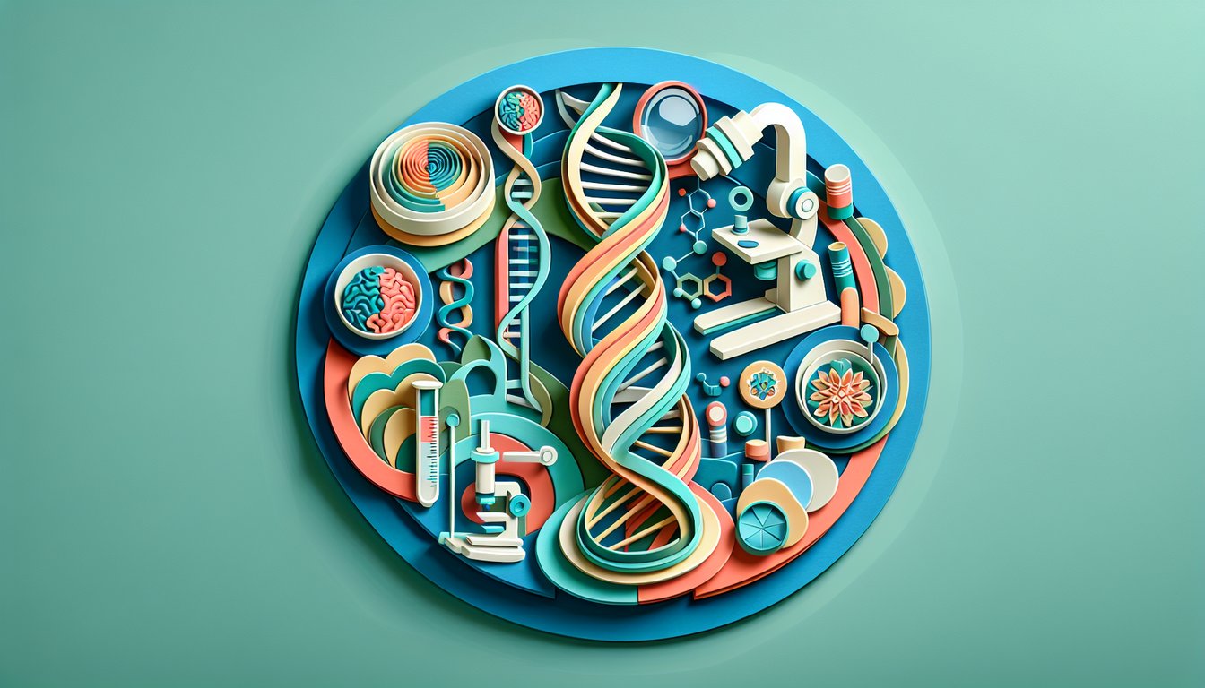 Paper art illustration of layered science icons and text for free 7th grade prefixes roots suffixes quiz on teal background