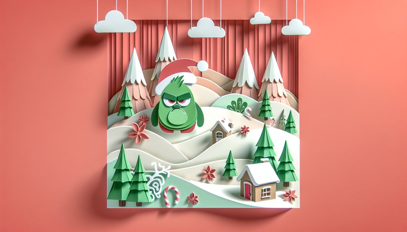 Paper art cutout style illustration of Grinch with Christmas ornaments trivia quiz banner on coral background