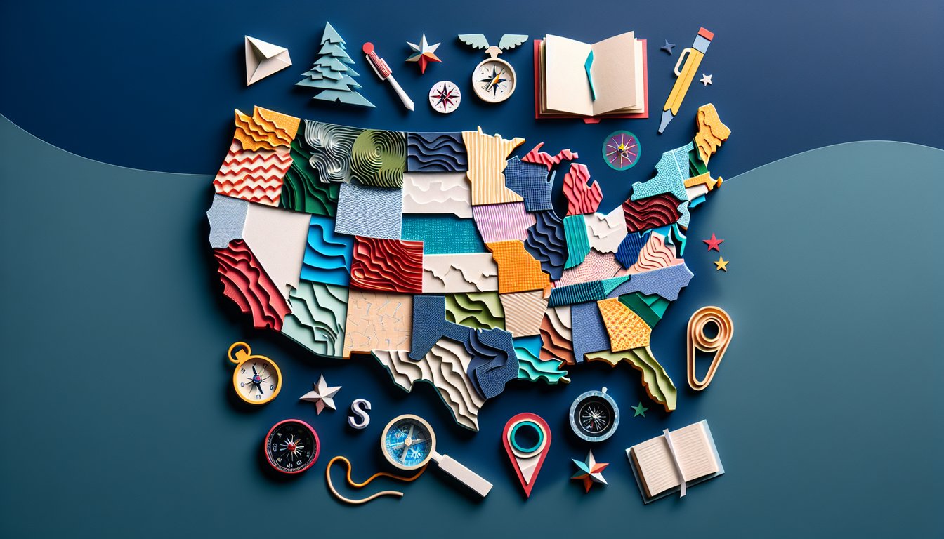 Paper art depicting USA map for a geography trivia quiz challenge for students.