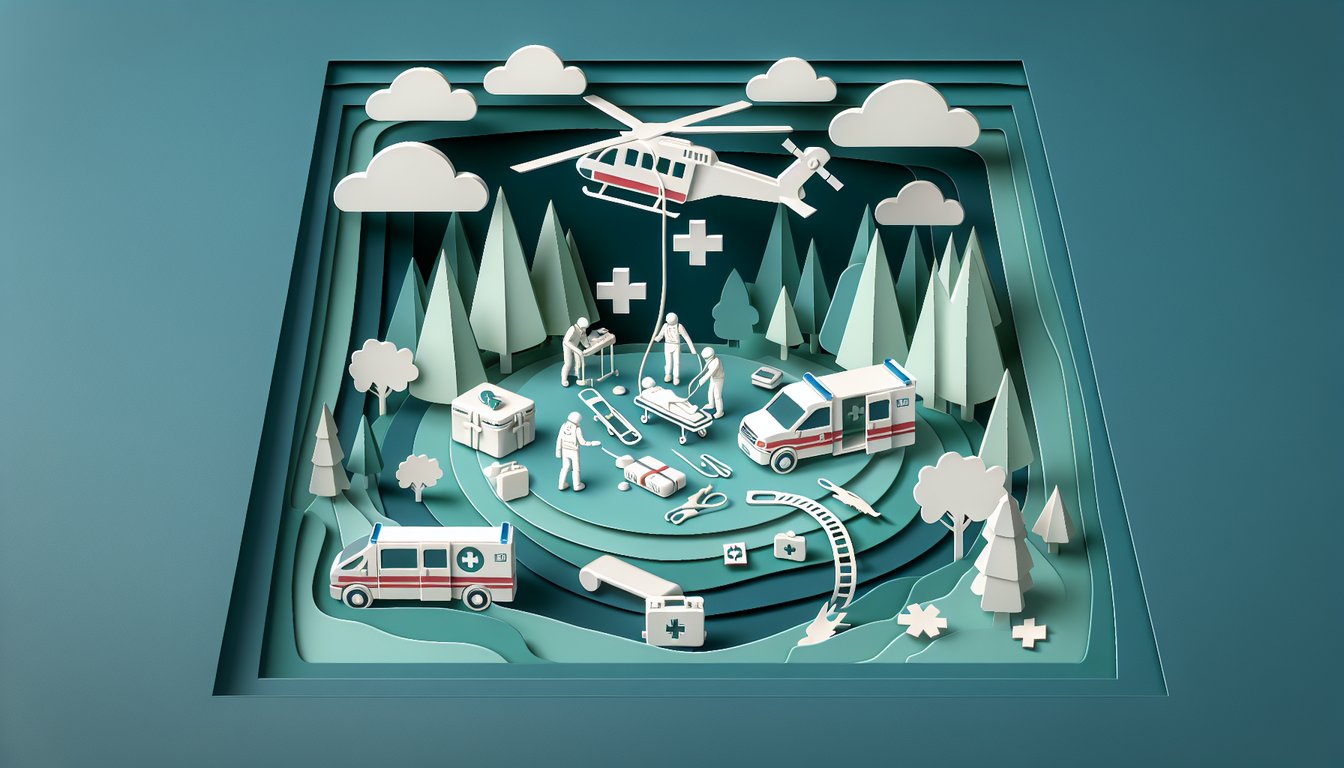 Paper art helicopter layered medevac scene with bold 9-line quiz text and paper cut figures on teal background