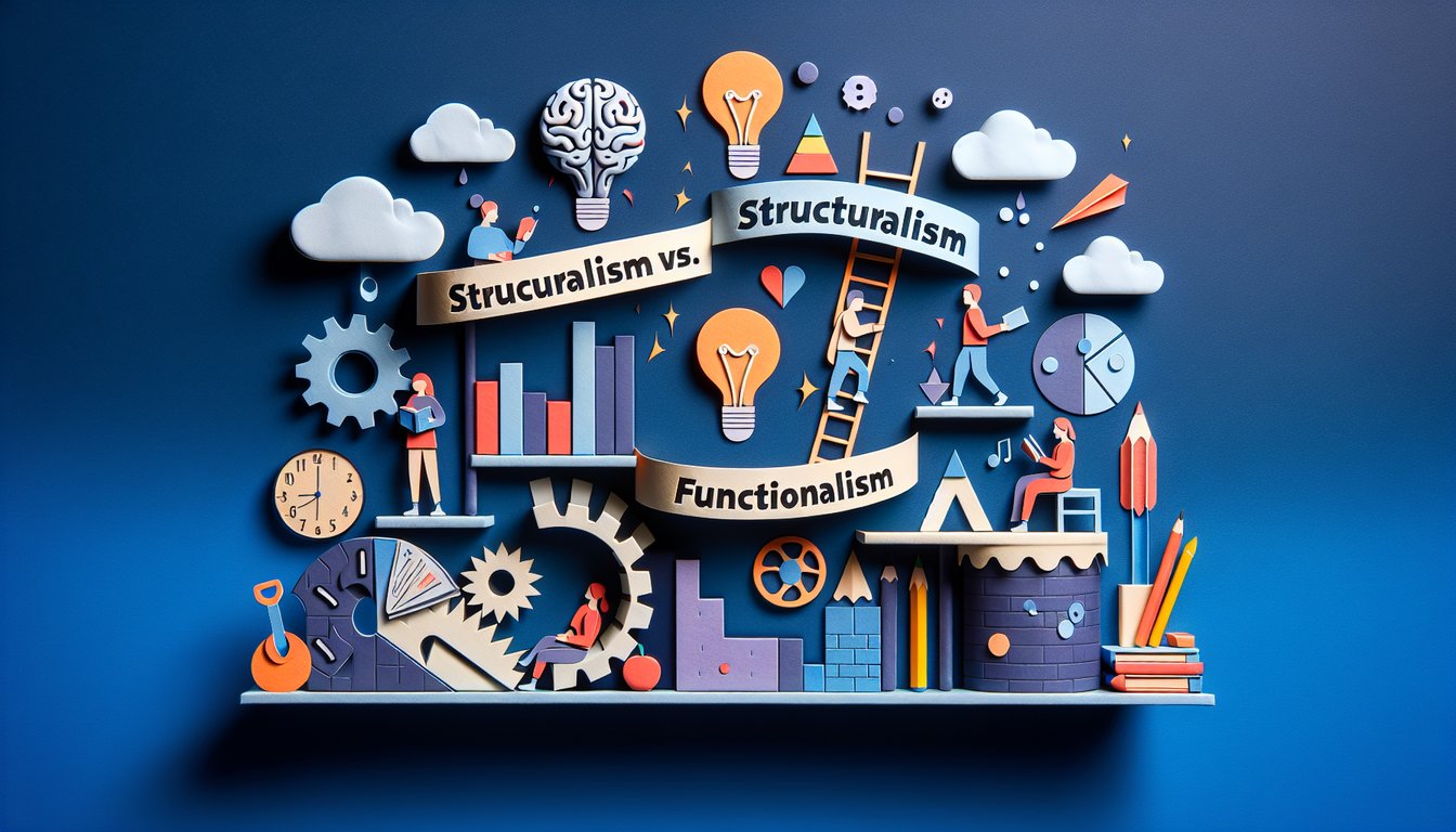 Colorful paper art promoting a Structuralism vs. Functionalism quiz for psychology students.