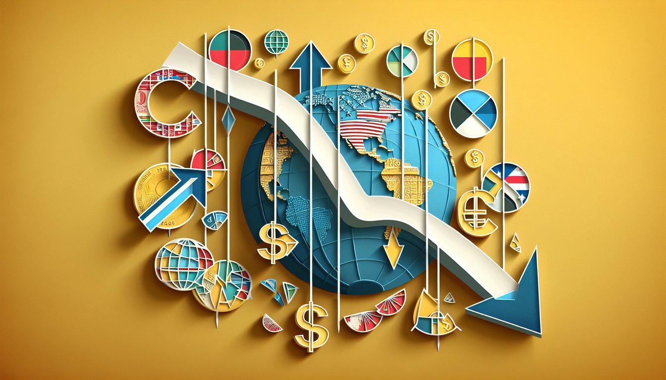 Paper art showing deglobalisation graphic broken chains currency devaluation coins melting on golden yellow background