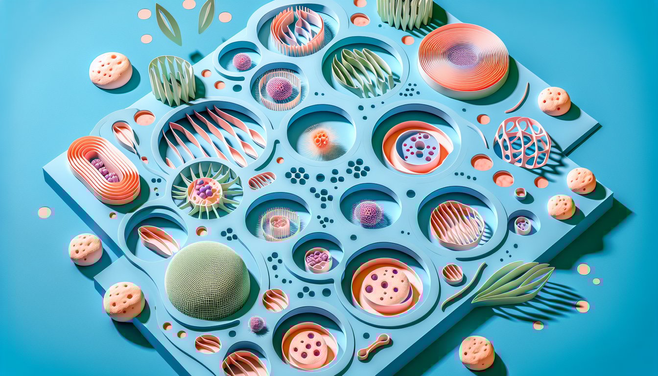 Paper art cell cycle icons for mitosis and cytokinesis with quiz formats on sky blue background